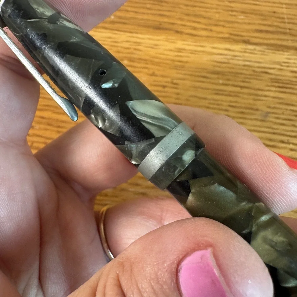 Vintage Parker Challenger Fountain Pen Green Marble Celluloid Button Filler USA